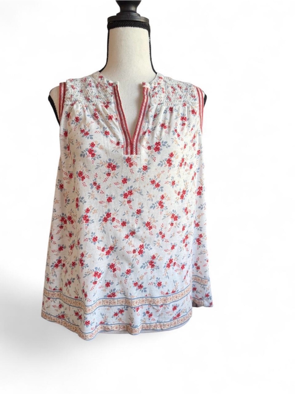 Lucky Brand Boho Floral Blouse Womens M Cream Red Smocked Split V Neck Tank